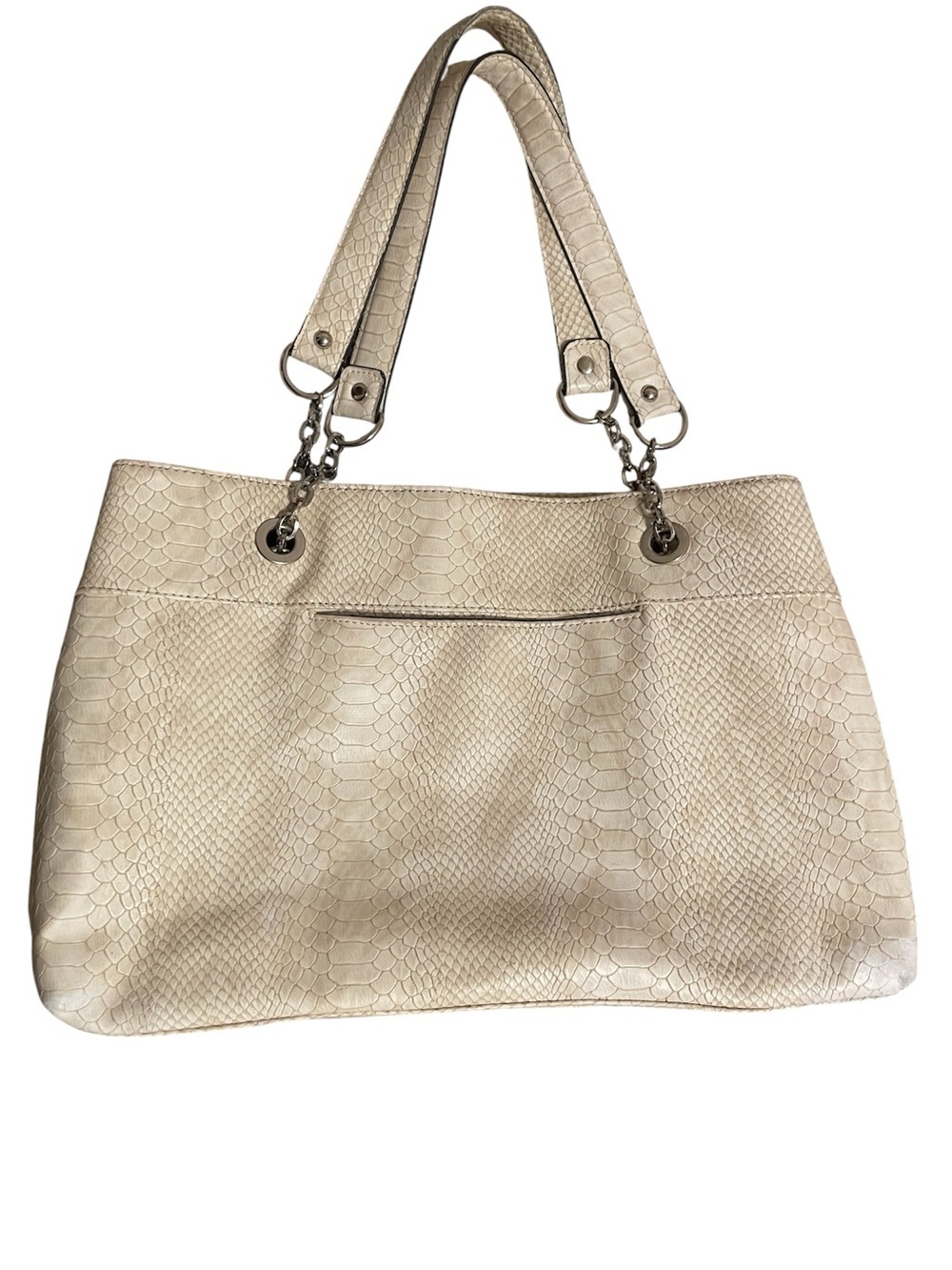 Large Cream Snake Tote Bag with silver Chain Detail. 10”L X 16.5W. Like NEW!